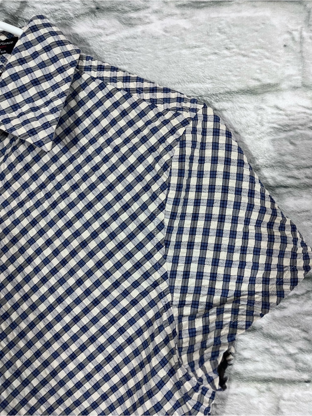 VTG Faconnable Size Small Blue & White Seersucker Plaid Button Up Collared Top - Picture 7 of 11